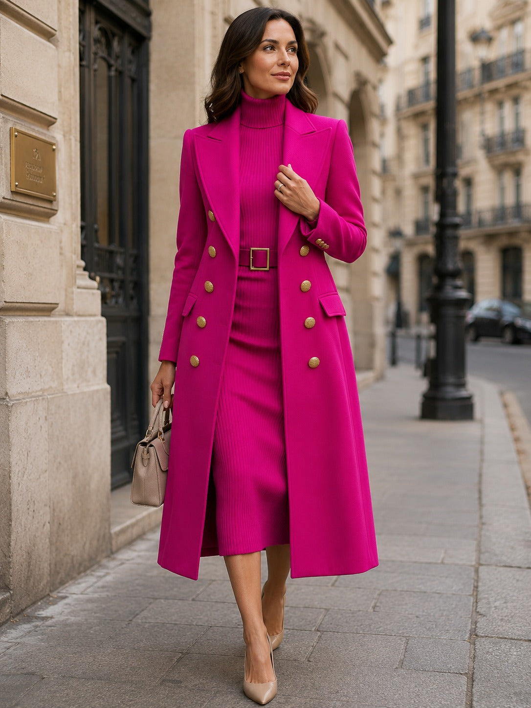 Rose Red Double-Breasted Maxi Coat And Belted Knit Midi Dress Set
