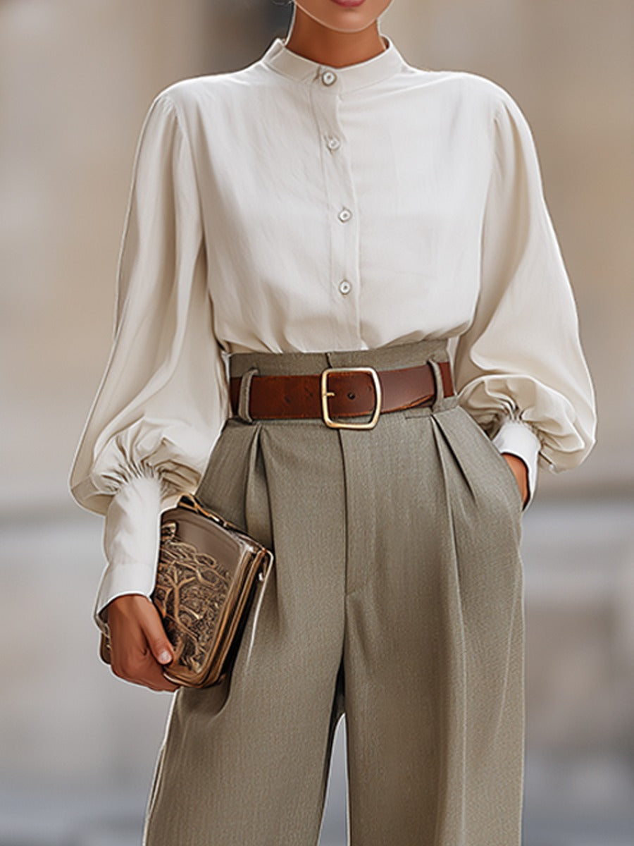 White Lantern Sleeve Shirt And Gray-brown Wide-leg Pants Suit(with belt)