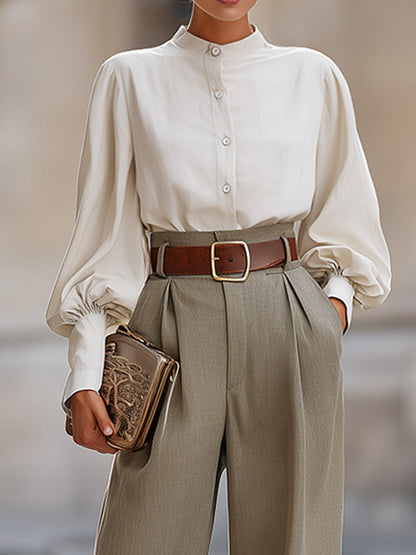 White Lantern Sleeve Shirt And Gray-brown Wide-leg Pants Suit(with belt)