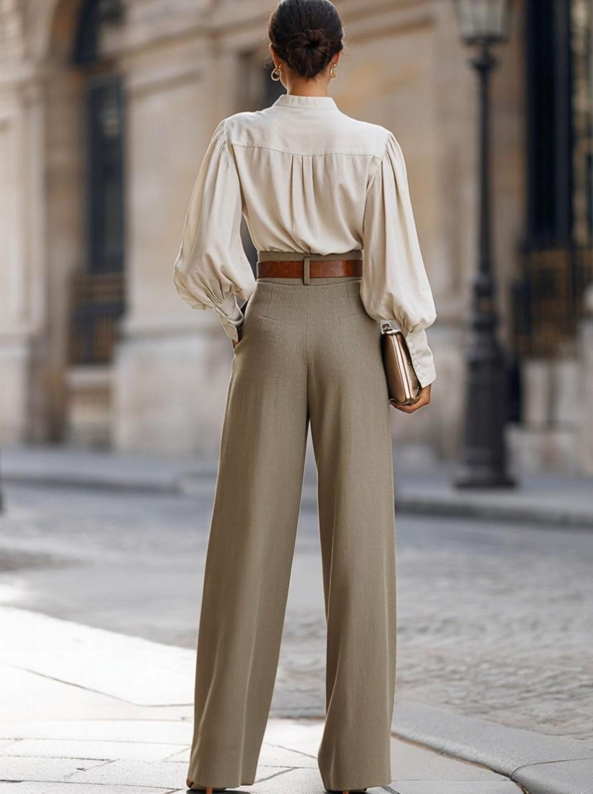 White Lantern Sleeve Shirt And Gray-brown Wide-leg Pants Suit(with belt)