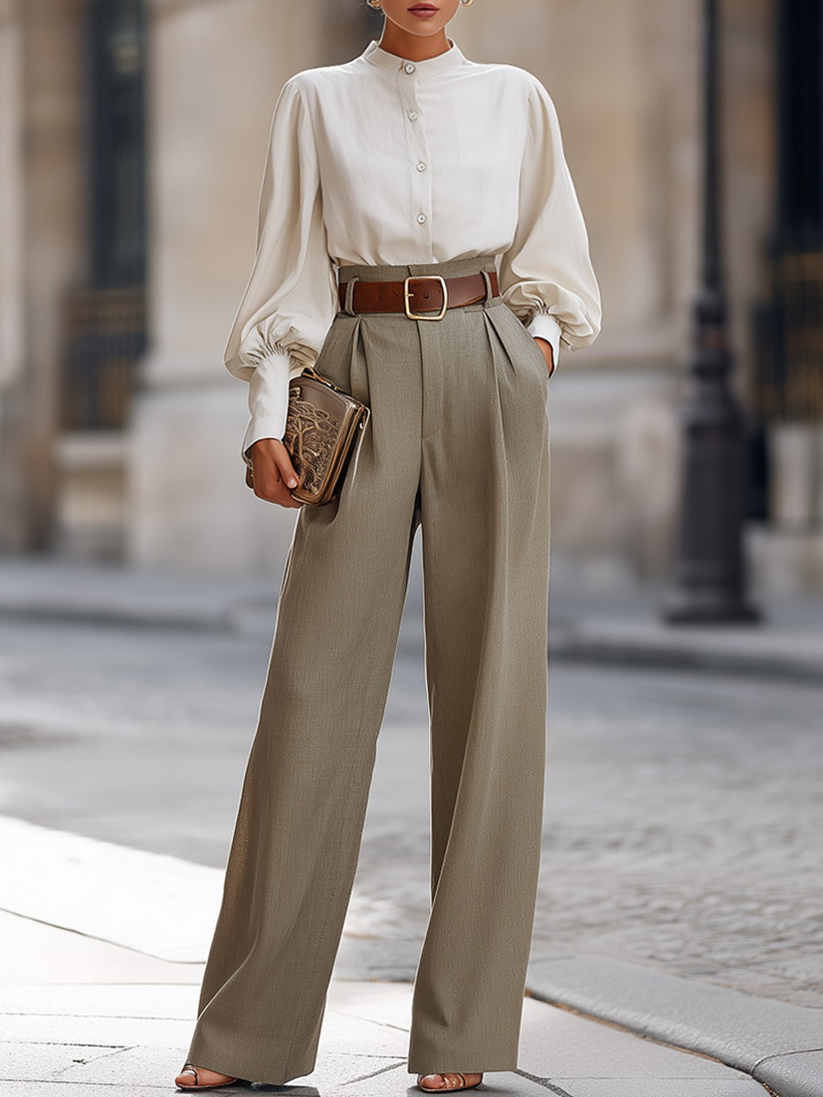 White Lantern Sleeve Shirt And Gray-brown Wide-leg Pants Suit(with belt)