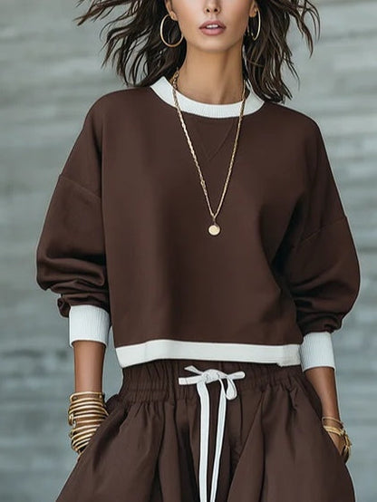 Brown Piping Top And Drawstring Patch Pocket Midi Skirt Two-piece Casual Set