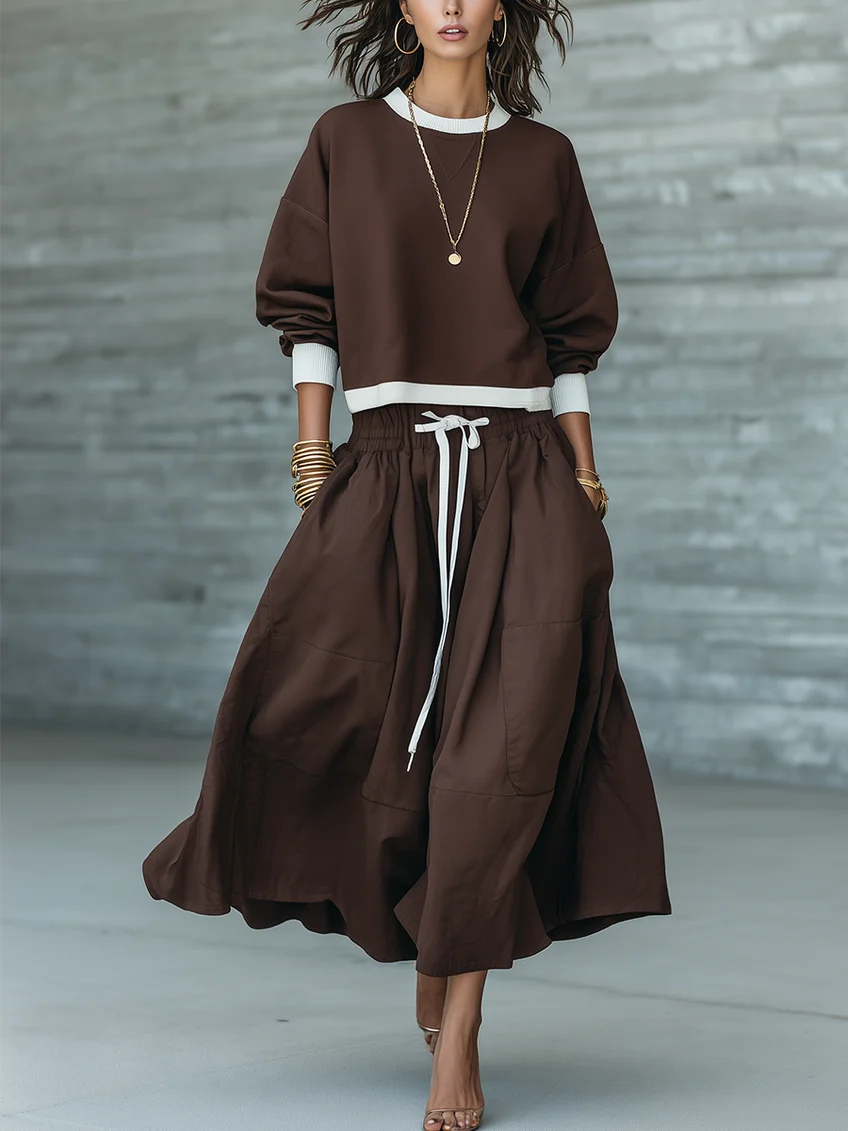 Brown Piping Top And Drawstring Patch Pocket Midi Skirt Two-piece Casual Set