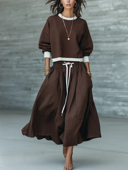 Brown Piping Top And Drawstring Patch Pocket Midi Skirt Two-piece Casual Set