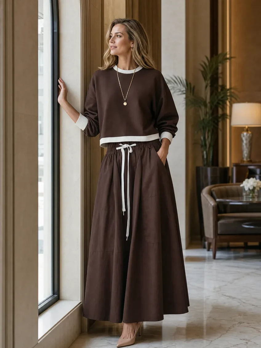Brown Piping Top And Drawstring Patch Pocket Midi Skirt Two-piece Casual Set