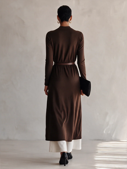 Brown Ribbed Knit Long Slit Top And White Wide-leg Pants Set (with belt)