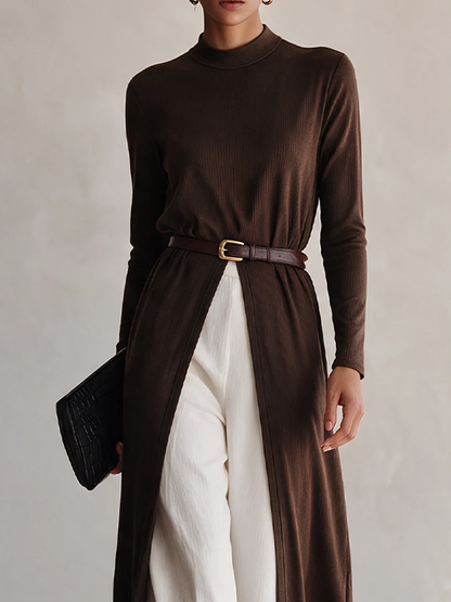 Brown Ribbed Knit Long Slit Top And White Wide-leg Pants Set (with belt)