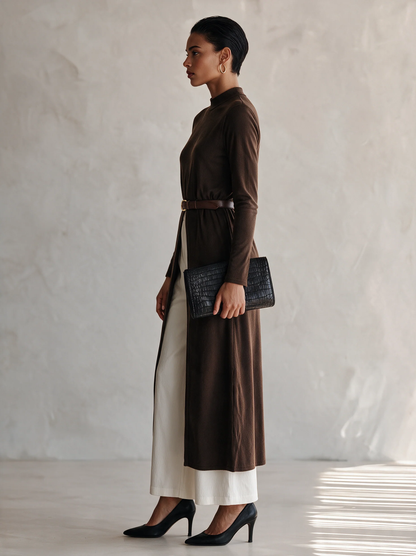 Brown Ribbed Knit Long Slit Top And White Wide-leg Pants Set (with belt)