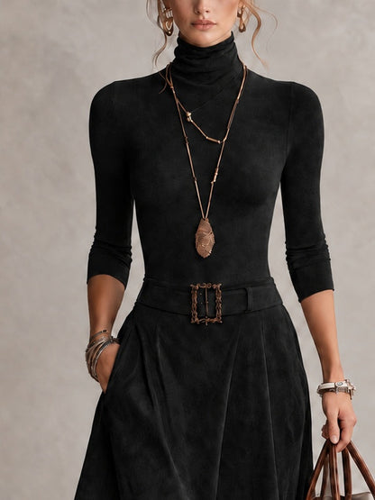 Black Stretch Turtleneck Top And Asymmetrical Faux Suede Skirt Set (with belt)
