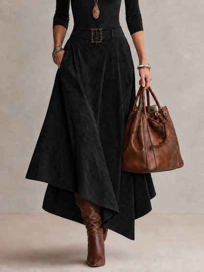Black Stretch Turtleneck Top And Asymmetrical Faux Suede Skirt Set (with belt)