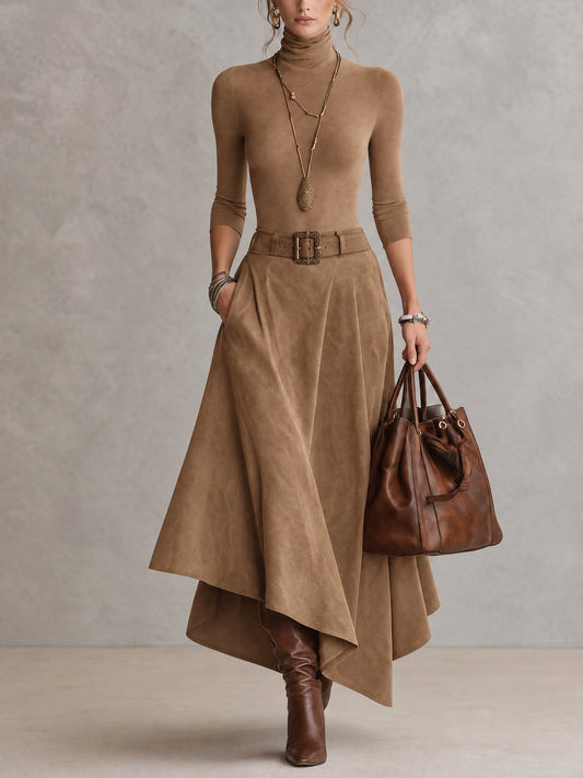 Brown Stretch Turtleneck Top And Asymmetrical Faux Suede Skirt Set (with belt)