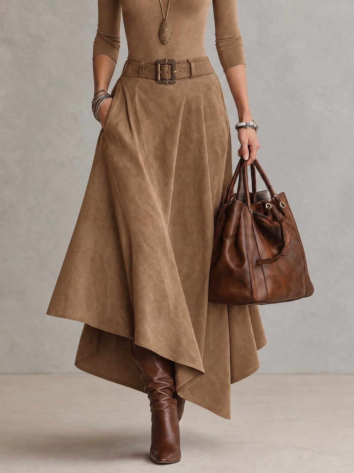 Brown Stretch Turtleneck Top And Asymmetrical Faux Suede Skirt Set (with belt)