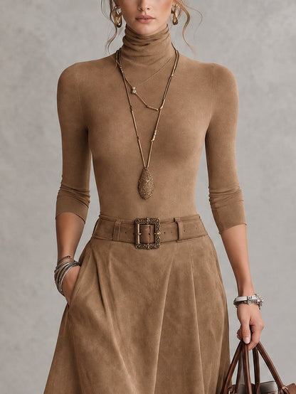 Brown Stretch Turtleneck Top And Asymmetrical Faux Suede Skirt Set (with belt)