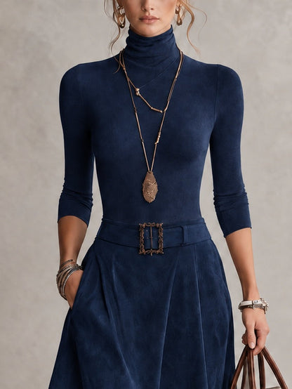 Navy Stretch Turtleneck Top And Asymmetrical Faux Suede Skirt Set (with belt)