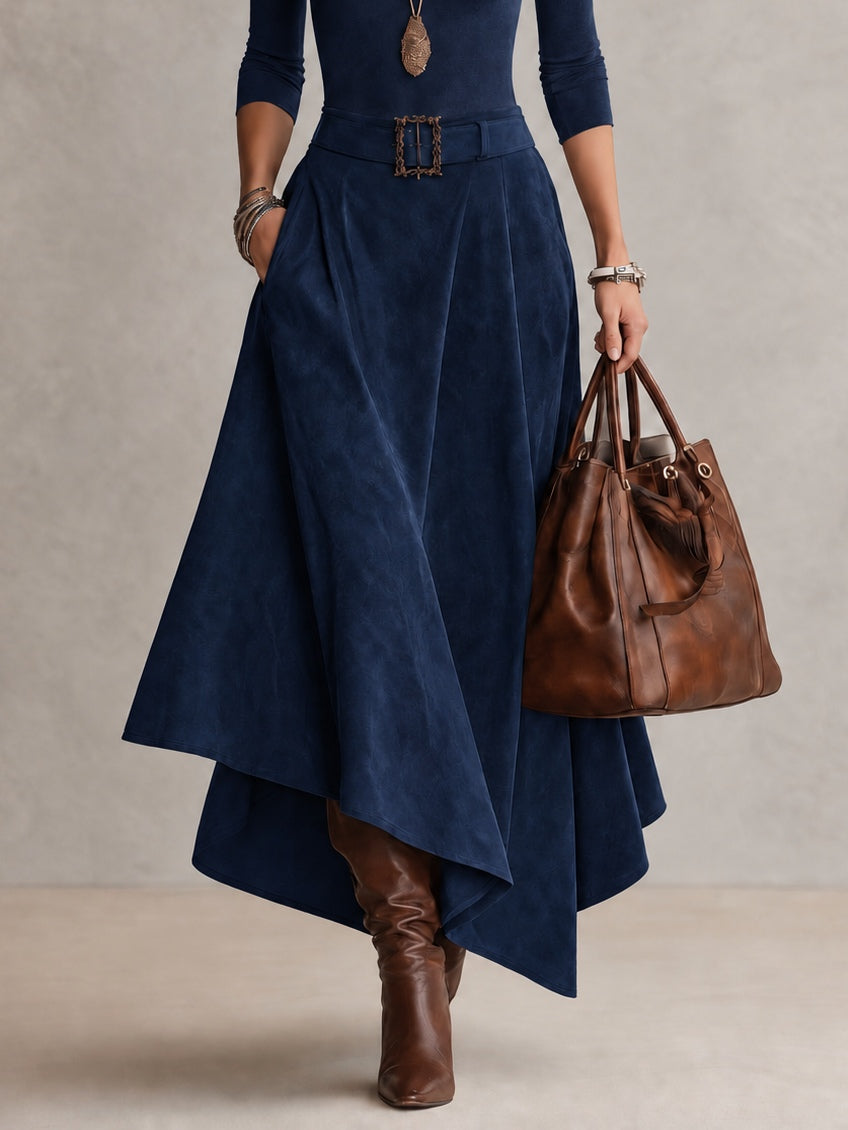 Navy Stretch Turtleneck Top And Asymmetrical Faux Suede Skirt Set (with belt)