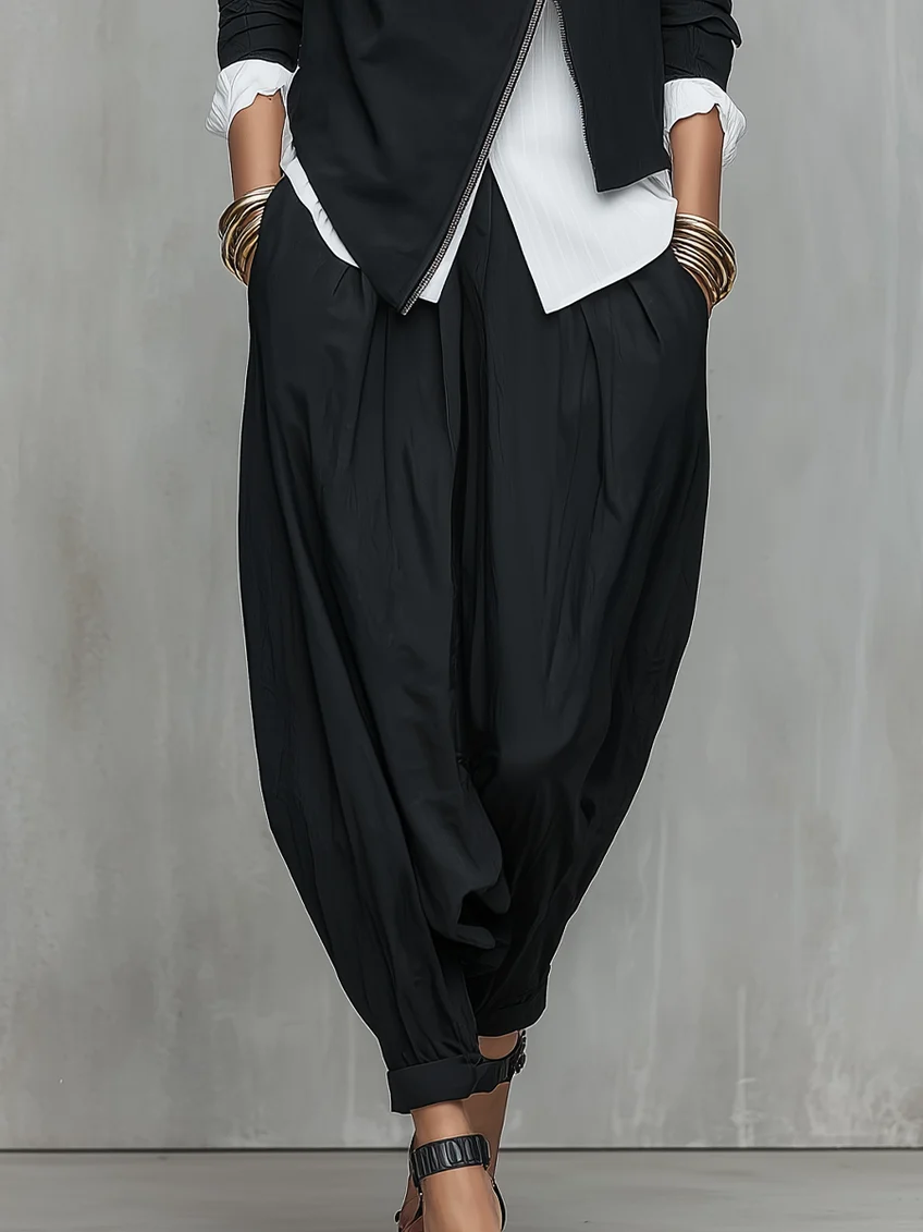 Black Ruffled Collar Asymmetrical Zippered Top And Lantern Pants Suit