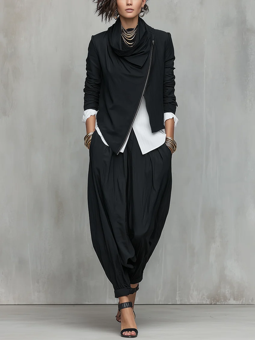 Black Ruffled Collar Asymmetrical Zippered Top And Lantern Pants Suit