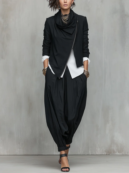 Black Ruffled Collar Asymmetrical Zippered Top And Lantern Pants Suit
