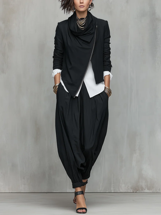 Black Ruffled Collar Asymmetrical Zippered Top And Lantern Pants Suit