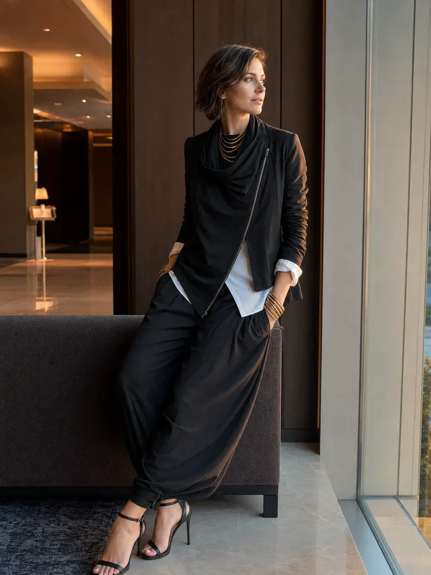 Black Ruffled Collar Asymmetrical Zippered Top And Lantern Pants Suit