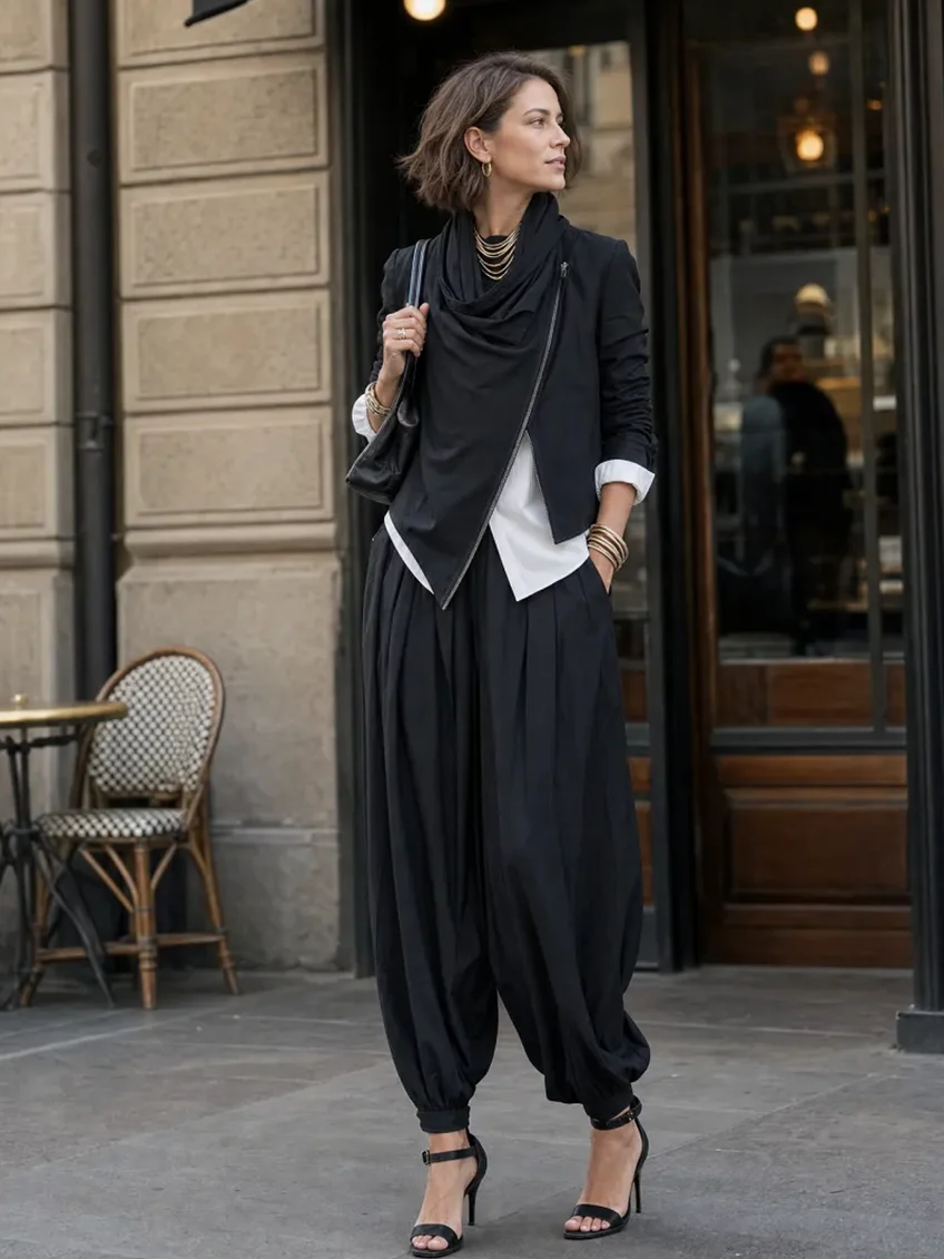 Black Ruffled Collar Asymmetrical Zippered Top And Lantern Pants Suit