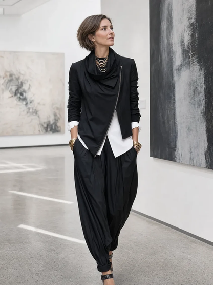 Black Ruffled Collar Asymmetrical Zippered Top And Lantern Pants Suit