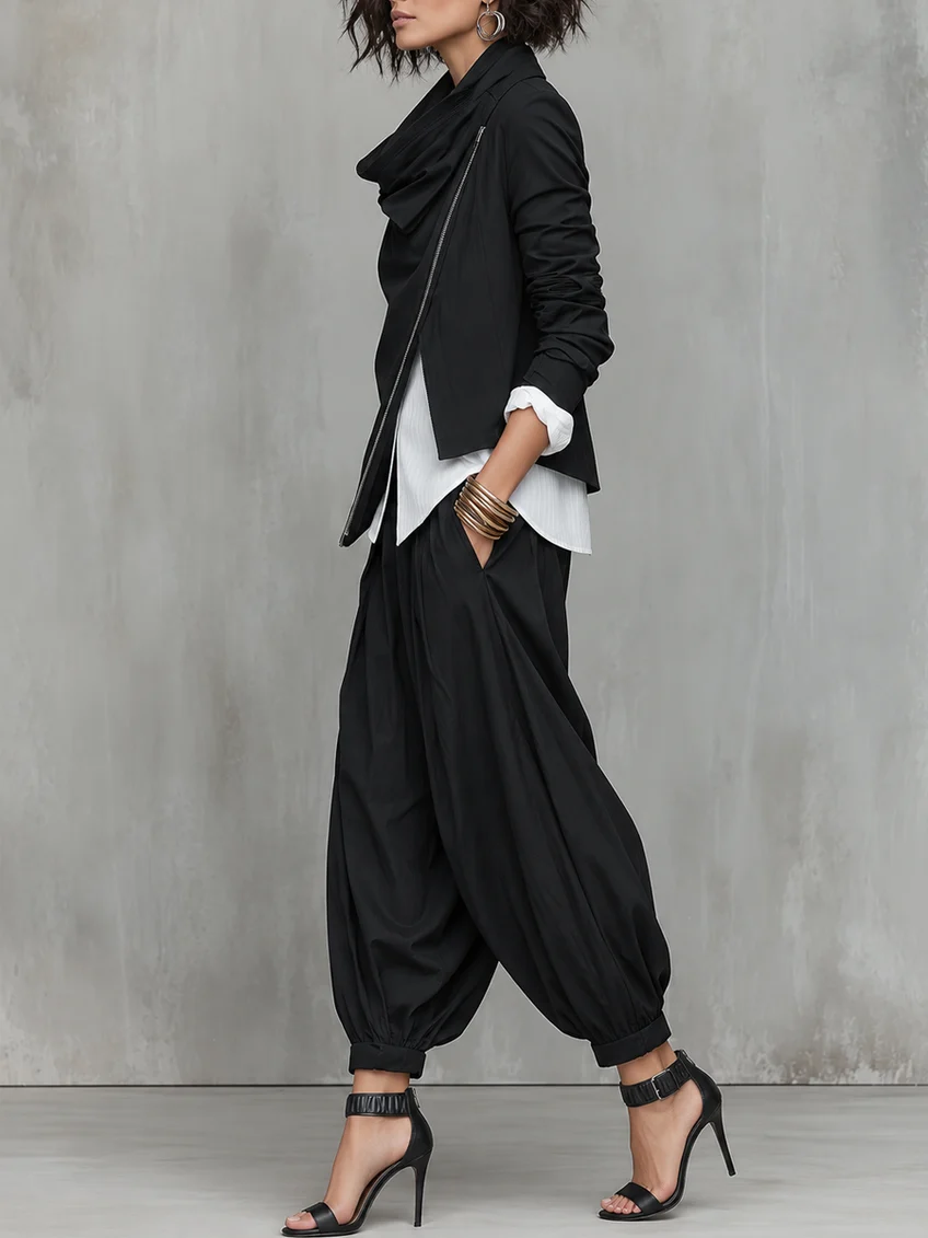 Black Ruffled Collar Asymmetrical Zippered Top And Lantern Pants Suit
