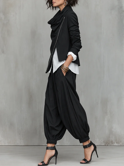 Black Ruffled Collar Asymmetrical Zippered Top And Lantern Pants Suit