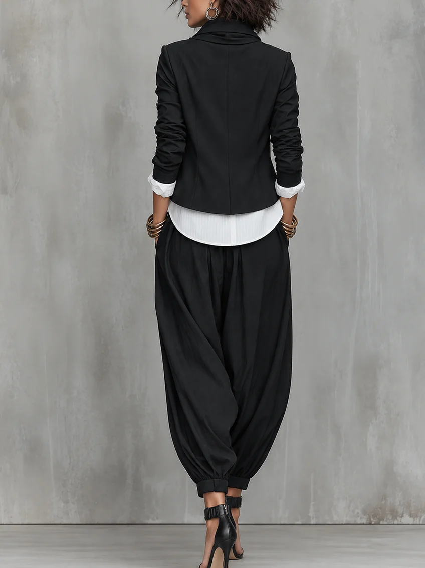 Black Ruffled Collar Asymmetrical Zippered Top And Lantern Pants Suit