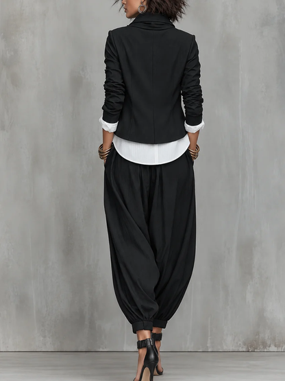 Black Ruffled Collar Asymmetrical Zippered Top And Lantern Pants Suit