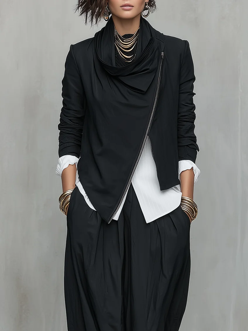 Black Ruffled Collar Asymmetrical Zippered Top And Lantern Pants Suit