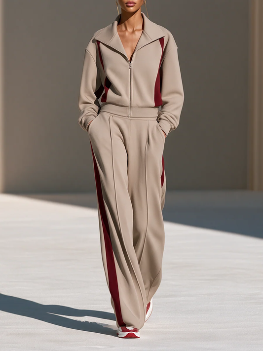 Beige & Burgundy Color Block Zip Sweatshirt Wide Leg Pants Suit