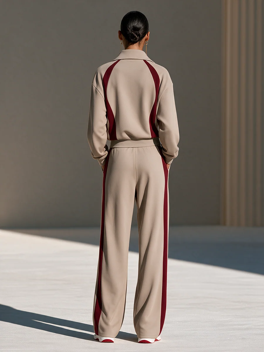 Beige & Burgundy Color Block Zip Sweatshirt Wide Leg Pants Suit