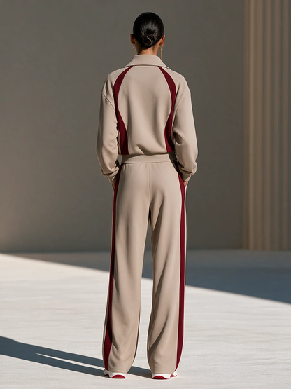 Beige & Burgundy Color Block Zip Sweatshirt Wide Leg Pants Suit