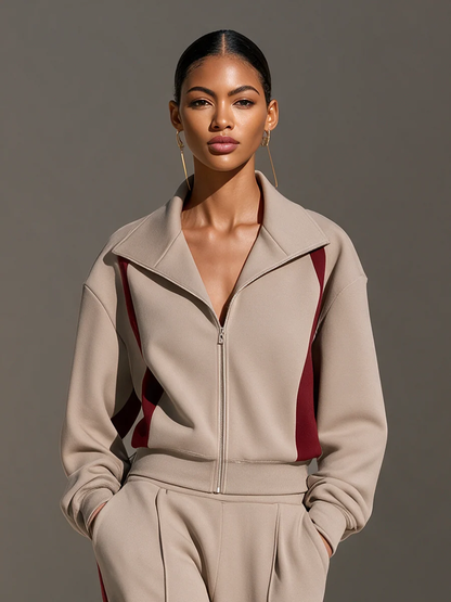 Beige & Burgundy Color Block Zip Sweatshirt Wide Leg Pants Suit