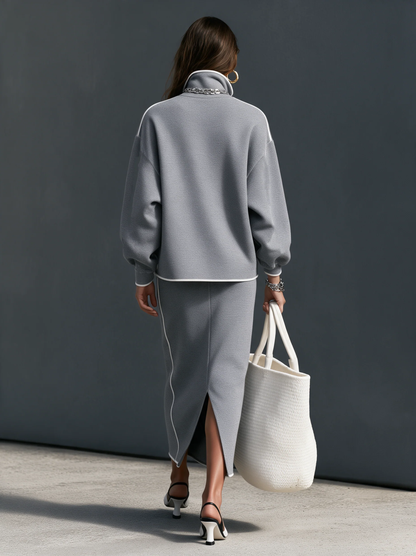 Grey Half Zip Sweatshirt & Midi Skirt Two Piece Set