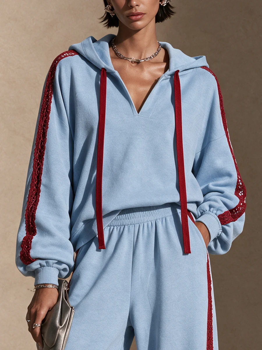 Light Blue Hoodie & Wide Leg Pants Two Piece Set with Red Lace Trim