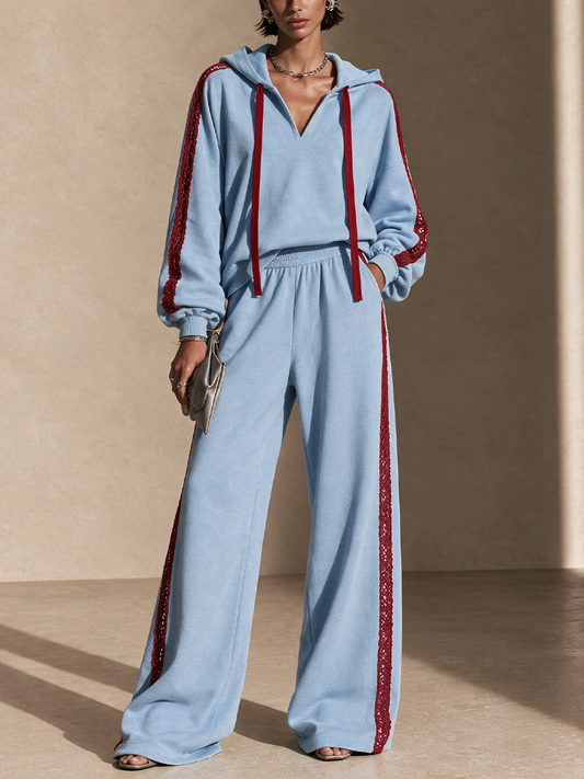Light Blue Hoodie & Wide Leg Pants Two Piece Set with Red Lace Trim