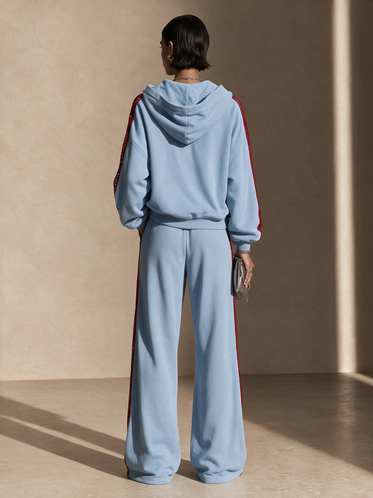 Light Blue Hoodie & Wide Leg Pants Two Piece Set with Red Lace Trim