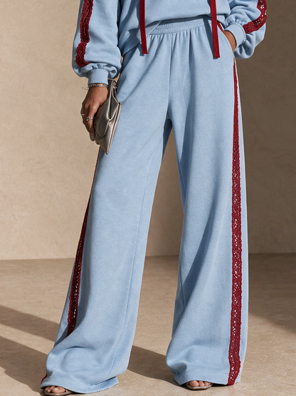 Light Blue Hoodie & Wide Leg Pants Two Piece Set with Red Lace Trim