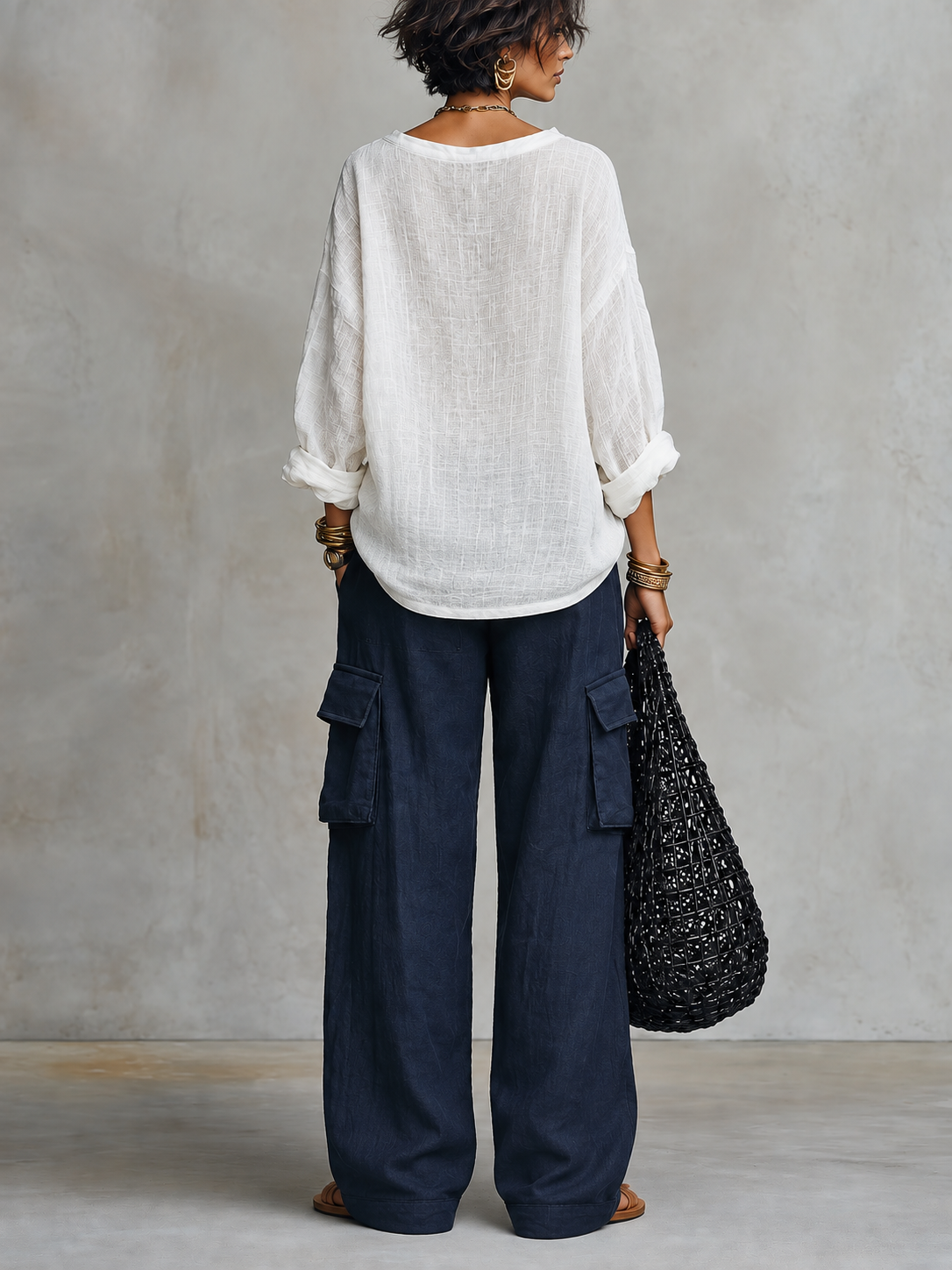 White V-neck Linen Blouse & Navy Wide Leg Pants Two Piece Set