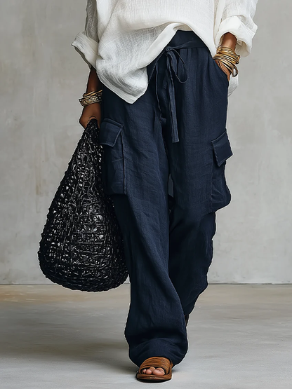 White V-neck Linen Blouse & Navy Wide Leg Pants Two Piece Set