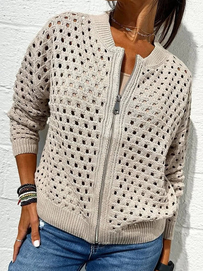 Openwork Knit Zip-up Casual Jacket