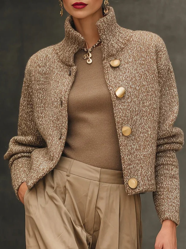 Camel Turtleneck Button-Down Cardigan Sweater