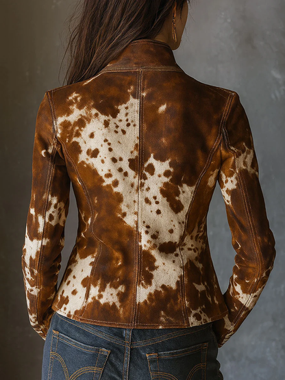 Vintage Stand-up Collar Cow Print Slim-fit Jacket
