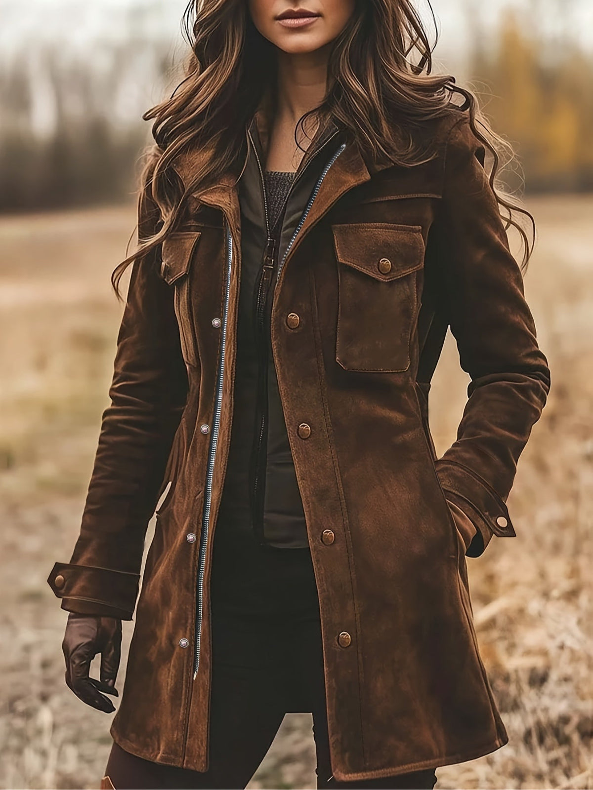 Vintage Suede Lapel Collar Mid-Length Coat Jacket