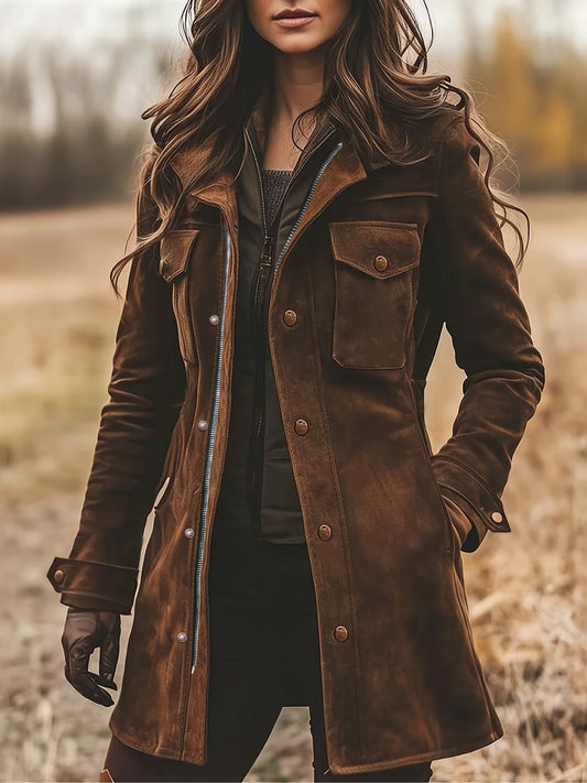 Vintage Suede Lapel Collar Mid-Length Coat Jacket