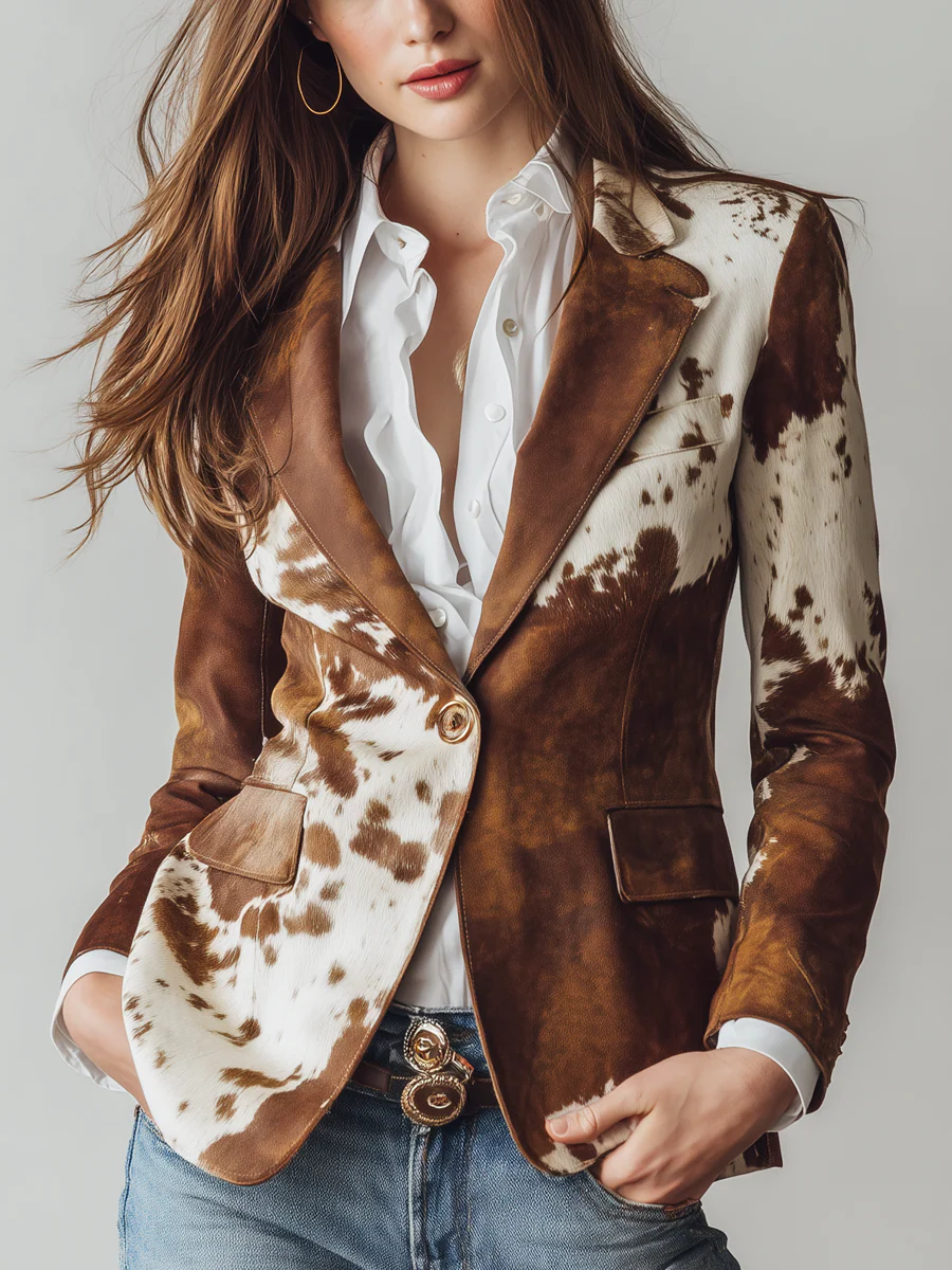 Retro Brown Cow Print Suit Jacket
