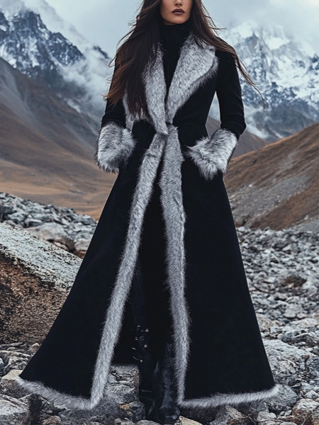 Retro Ethnic-style Faux Suede Patchwork Plush Long Coat