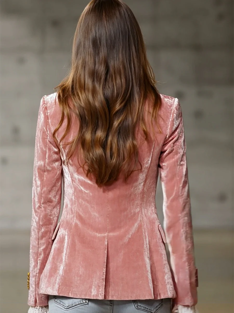 Retro Pink Velvet Gold Button Blazer